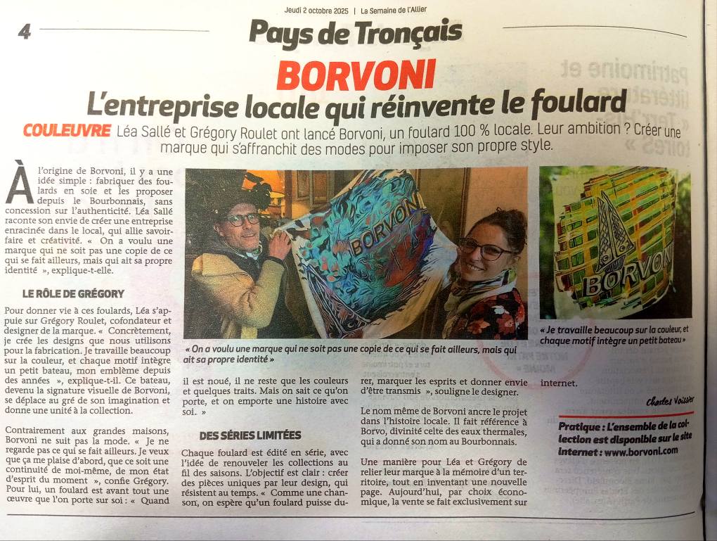 Borvoni article La Semaine de l'Allier 2 octobre 2025
Les foulards du bourbonnais soie et coton