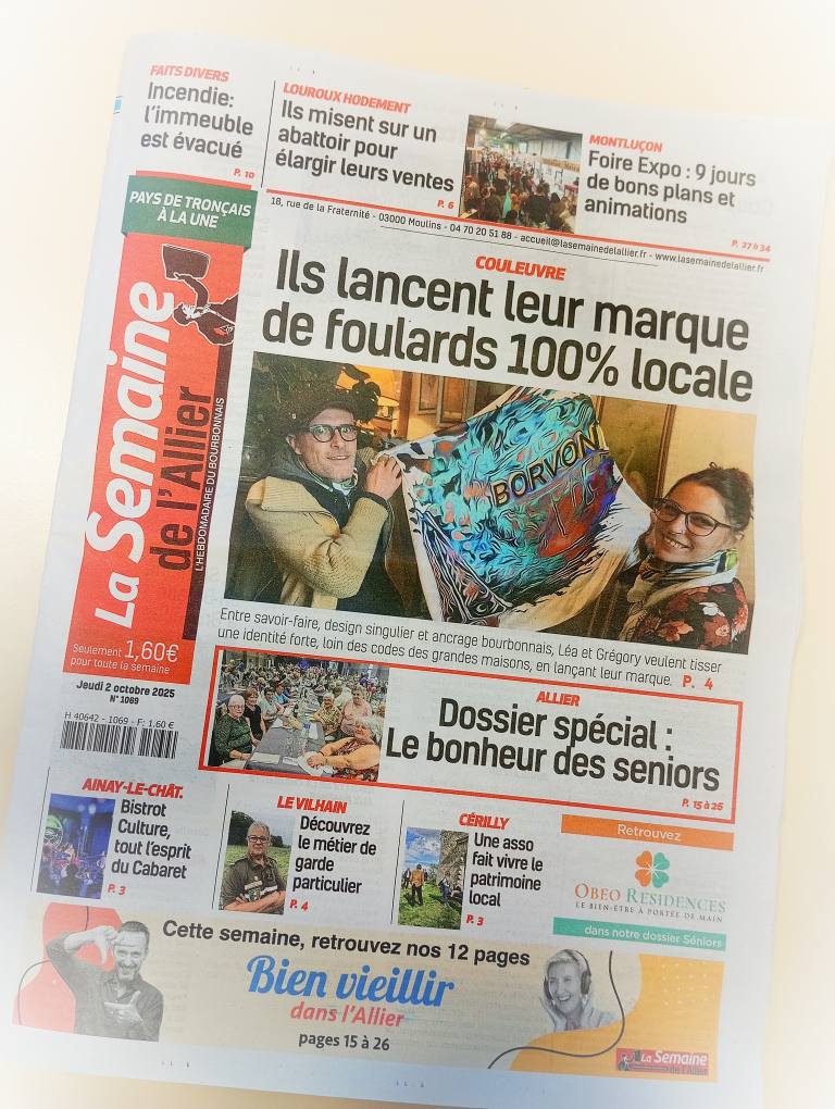 Borvoni couverture La Semaine de l'Allier 2 octobre 2025
Les foulards du bourbonnais soie et coton