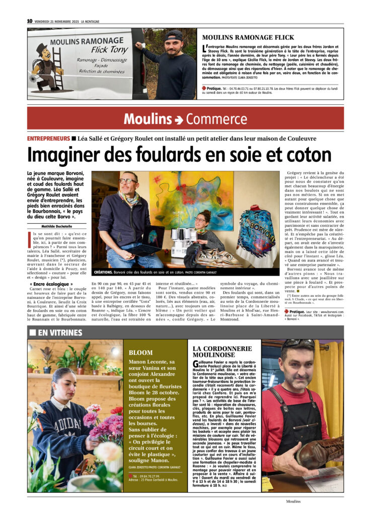 Borvoni article la montagne 21 novembre 2025
Les foulards du bourbonnais soie et coton